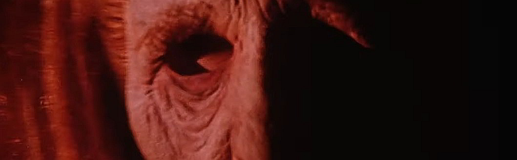 A screenshot taken from the 1983 film Curtains. It shows the creepy old woman mask.