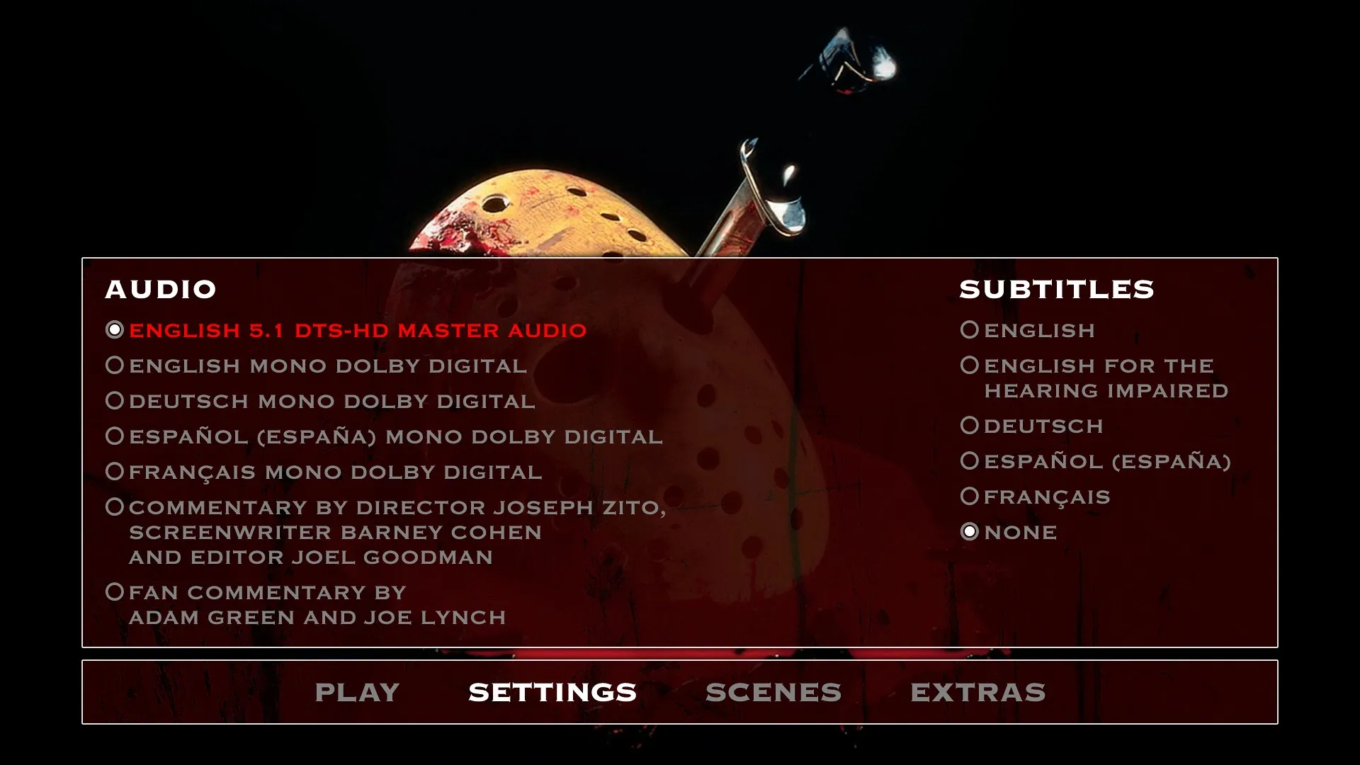 Friday the 13th: The Final Chapter Settings Menu