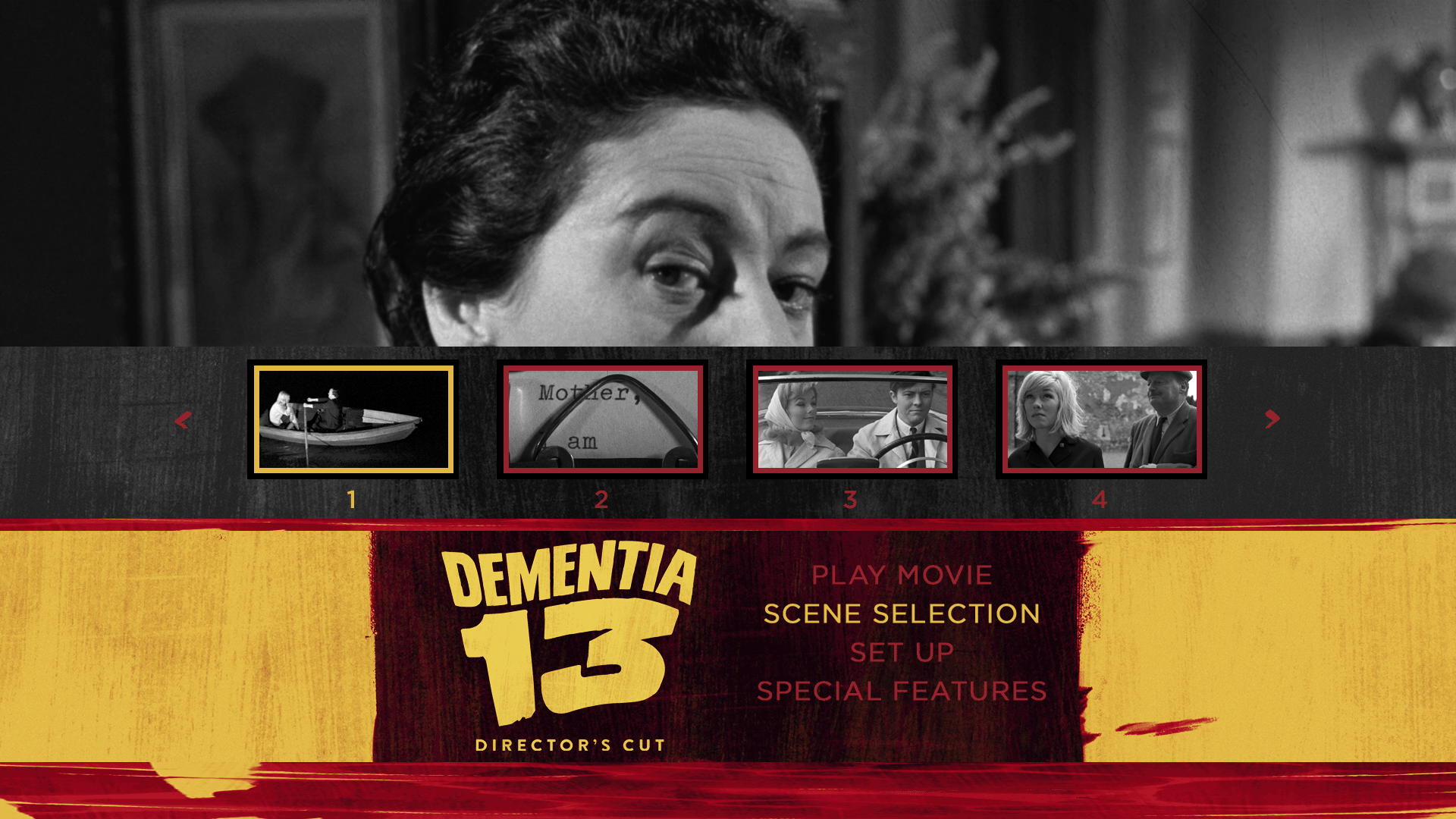 Dementia 13 Director's Cut scene select menu