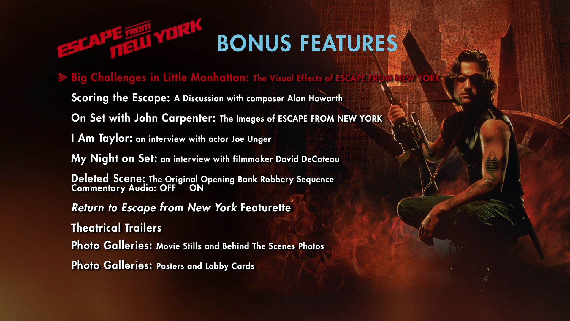 Escape from New York 4K extras menu 2