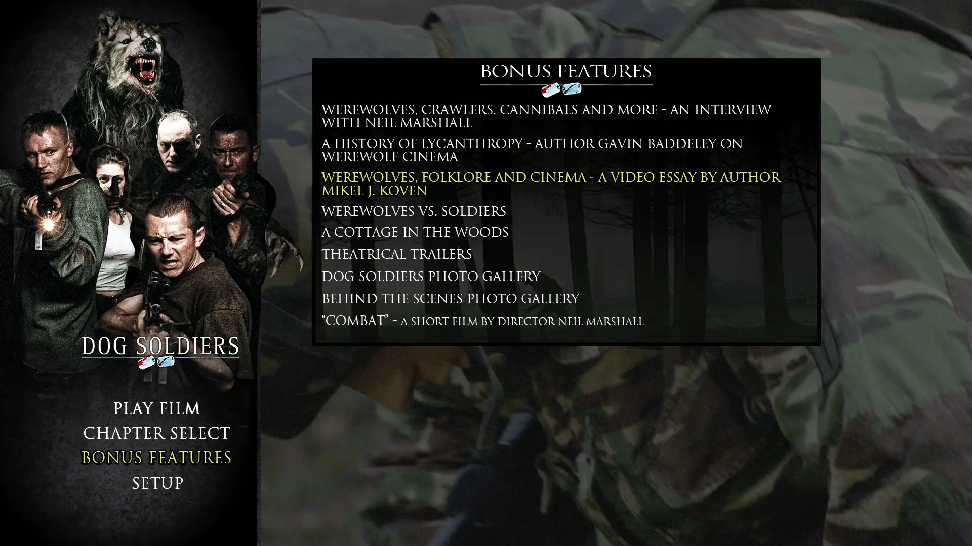 Dog Soldiers 4K extras menu