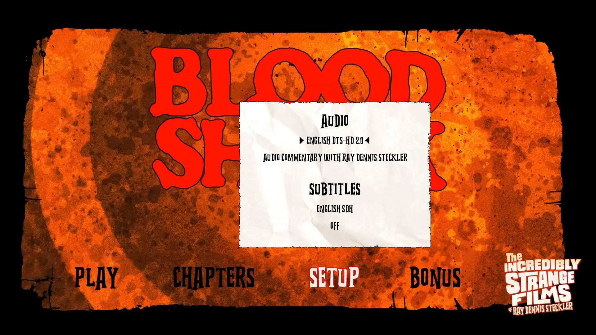 Blood Shack Blu-ray Setup Menu