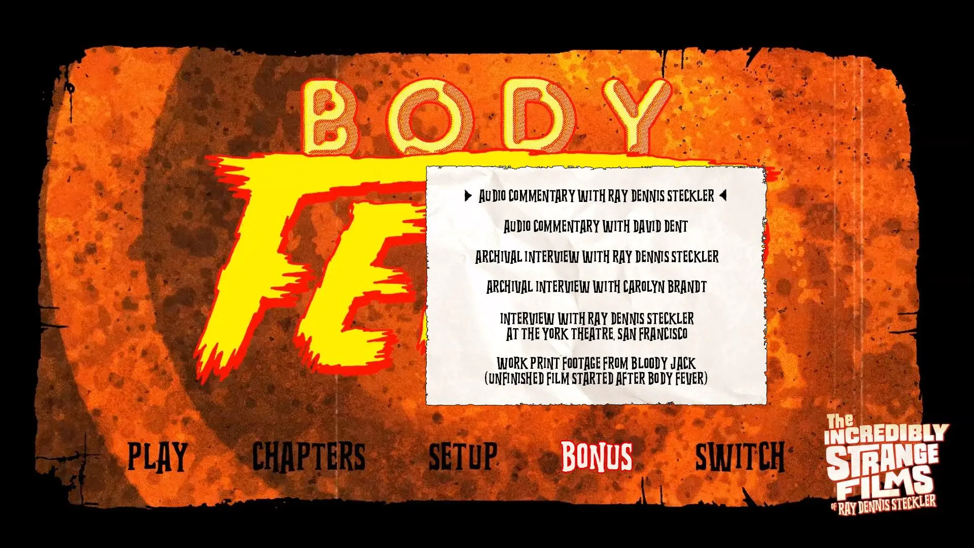 Body Fever Blu-ray Extras Menu