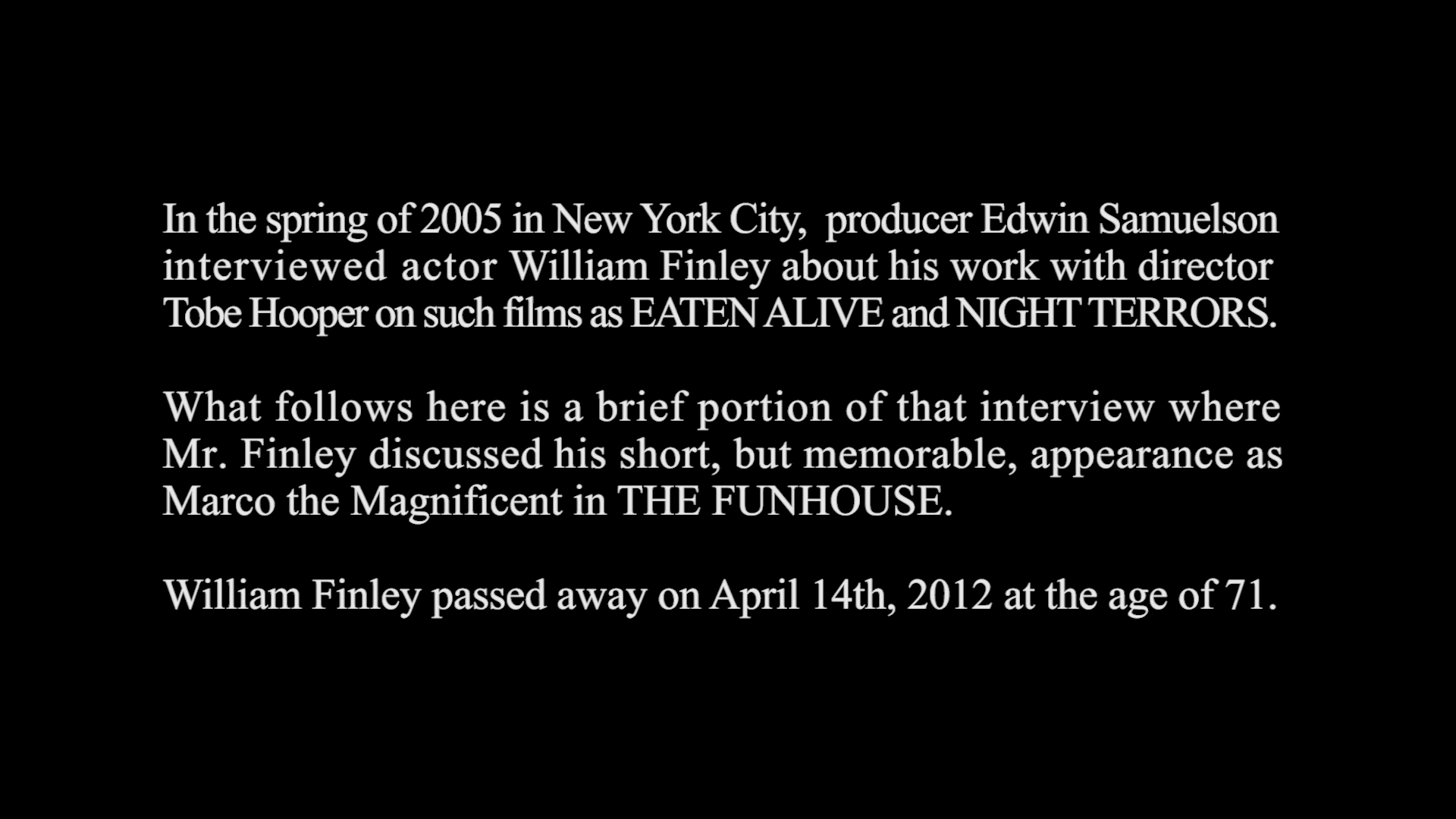 The Funhouse 4K William Finley audio interview