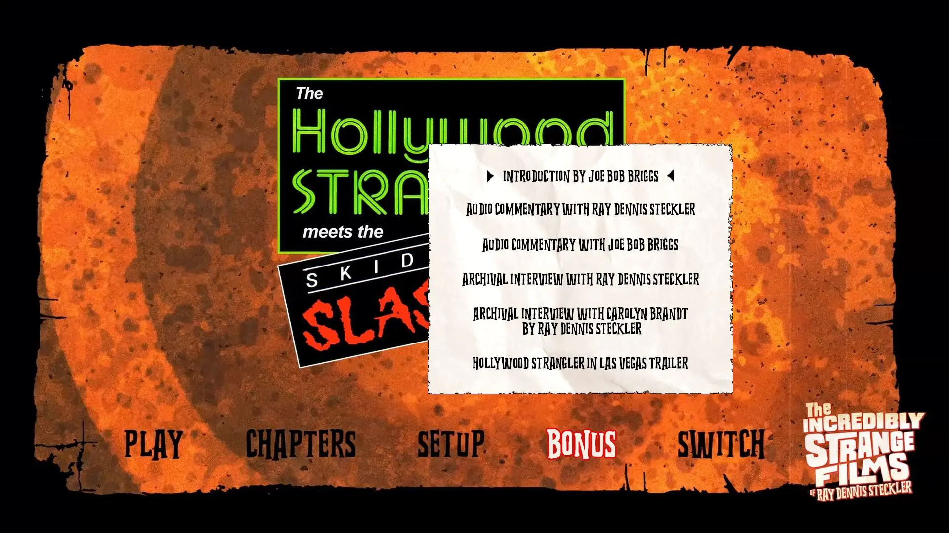 The Hollywood Strangler Meets The Skid Row Slasher Blu-ray Extras Menu