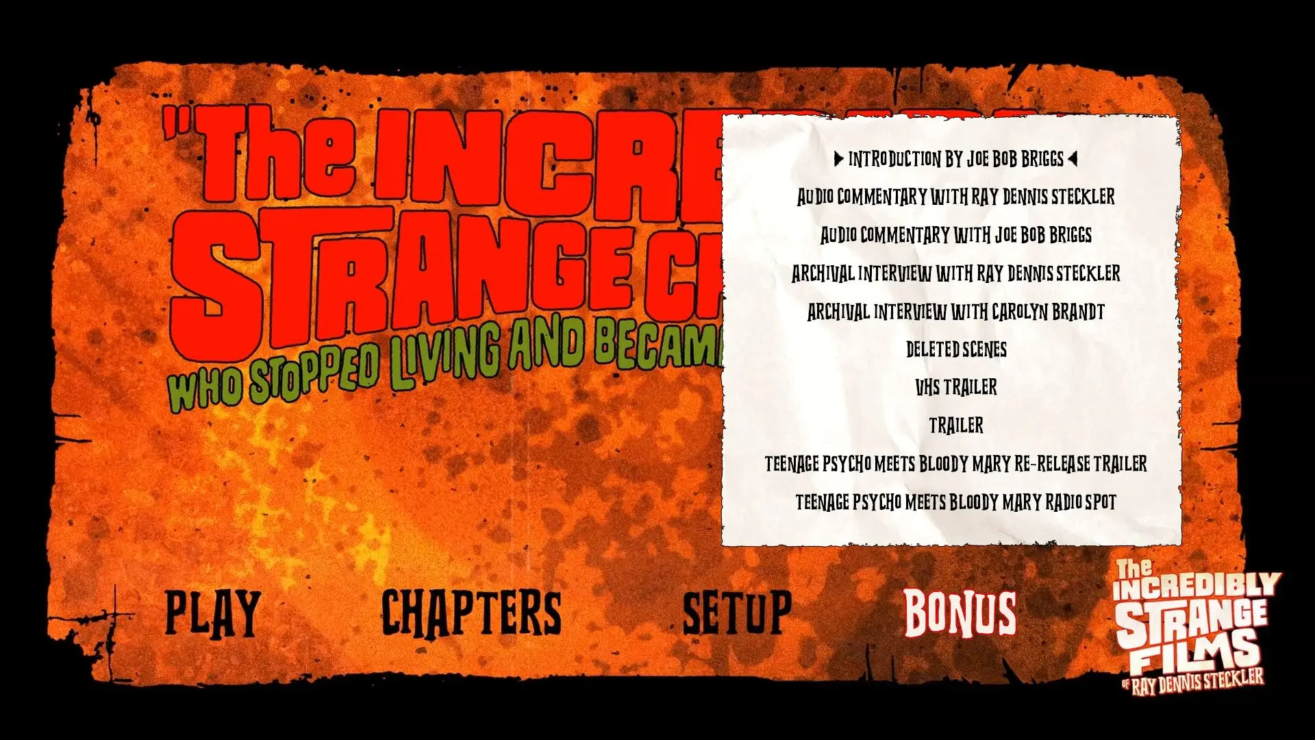 The Incredibly Strange Creatures Who Stopped Living and Became Mixed-Up Zombies!!? Blu-ray Extras Menu