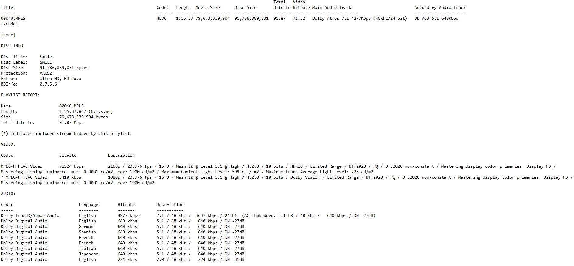 Smile 4K UHD BD Info