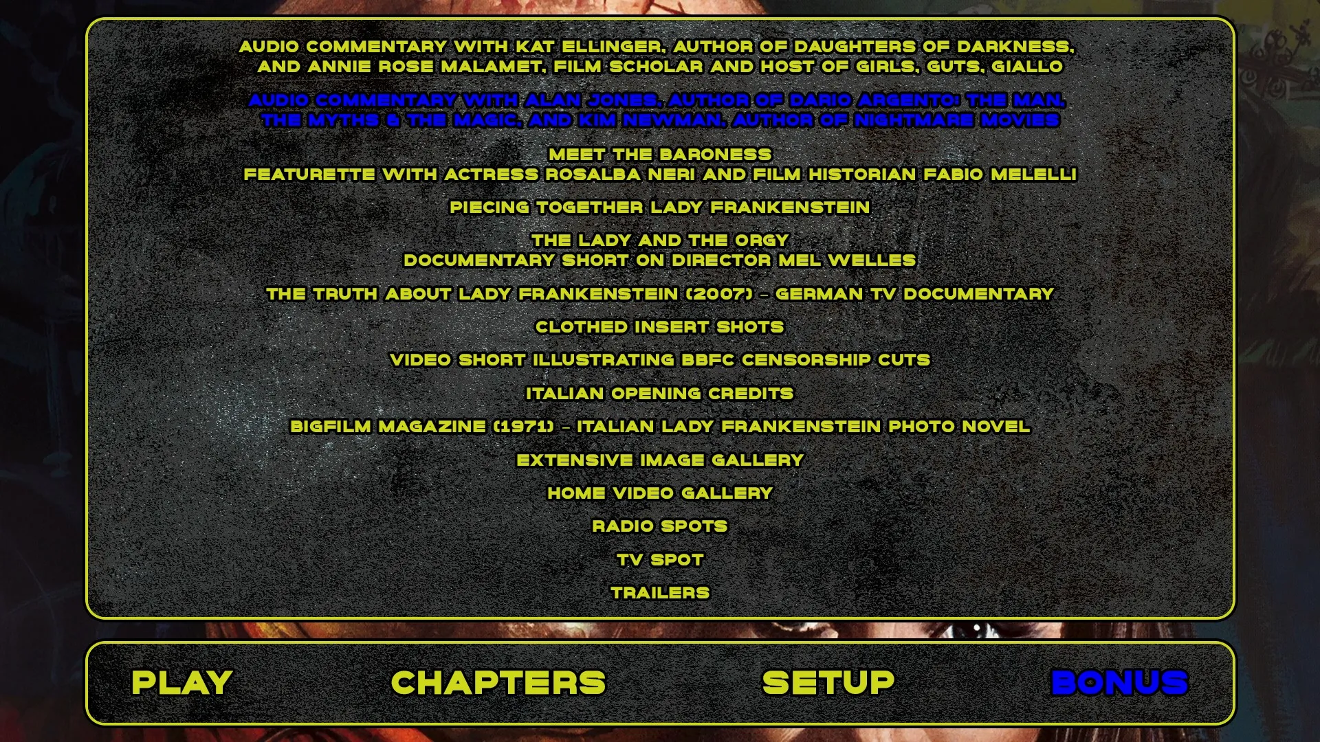 Lady Frankenstein extras menu