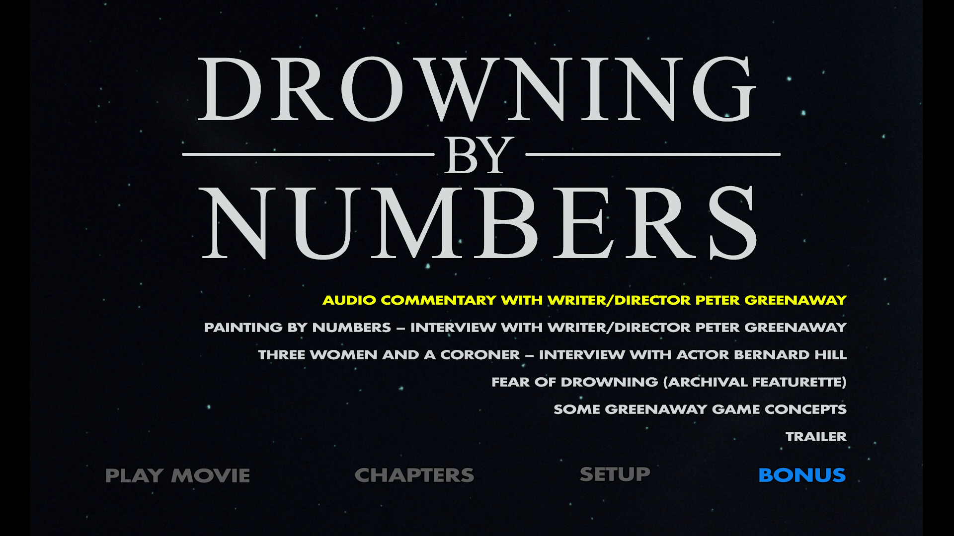 Drowning By Numbers Blu-ray Extras Menu