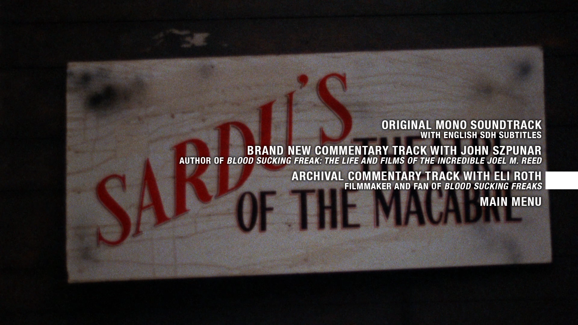 Blood Sucking Freaks 4K Blu-ray setup menu