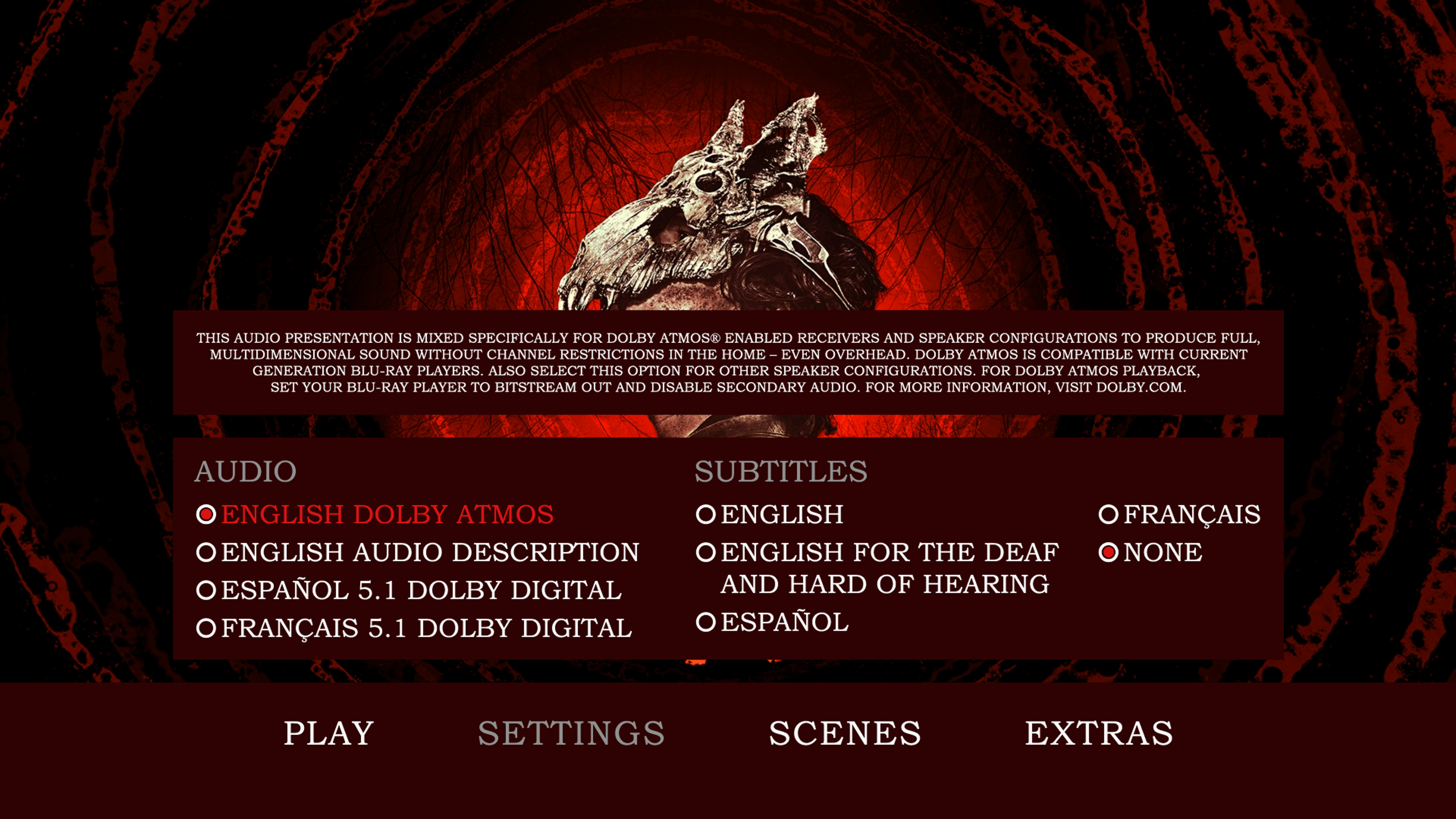 Pet Sematary Bloodlines Blu-ray Settings Menu