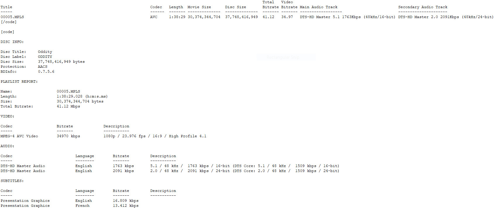 Oddity Blu-ray BD Info