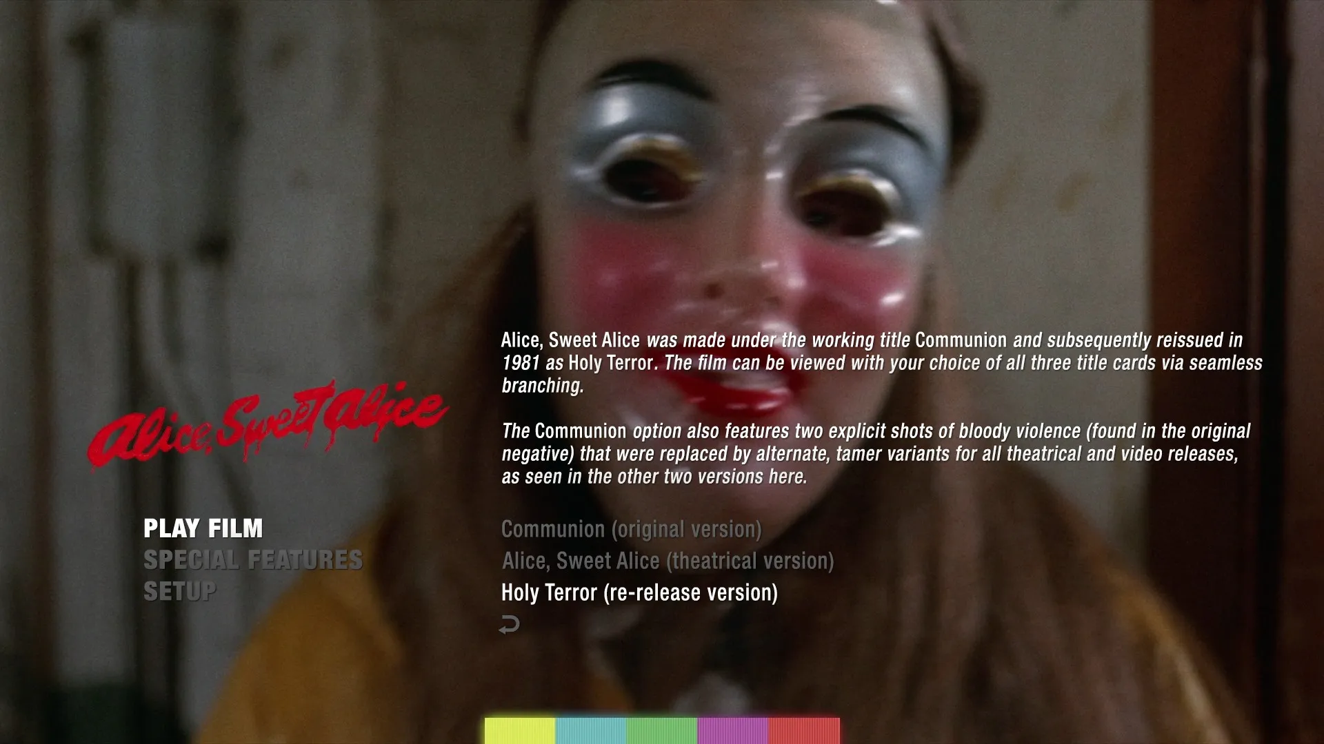 Alice, Sweet Alice 4K film selection menu