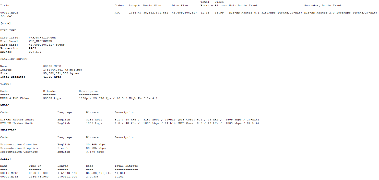 VHS Halloween Blu-ray BD Info
